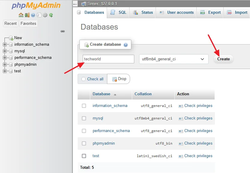 Enter a Database Name and click on the Create button.