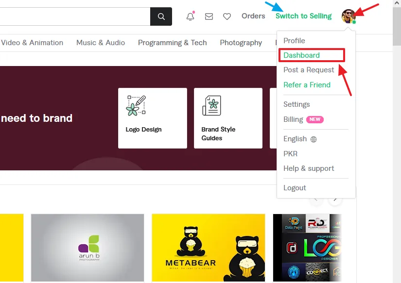 Login to your Fiverr Seller account. Either click on the Switch to Selling link or click on your Profile Icon => Dashboard.