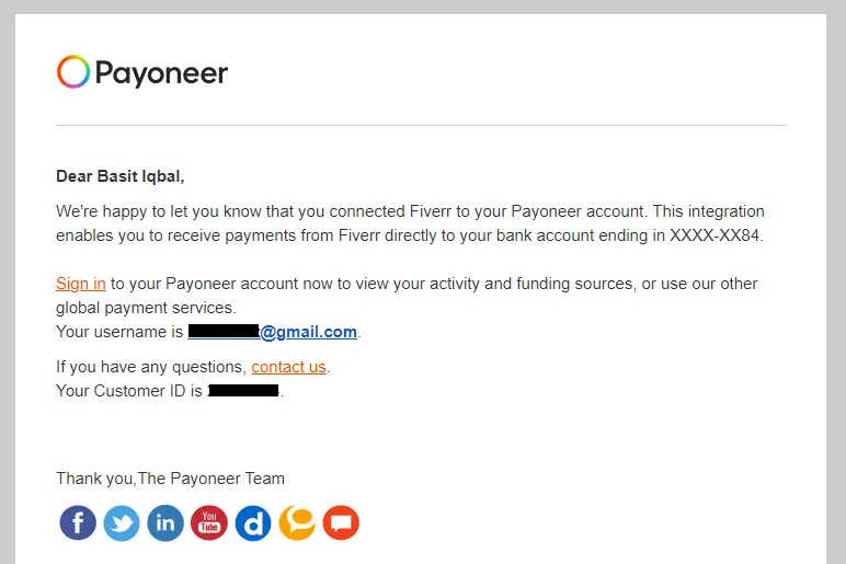 Open your email account to check the email. Here you can see that the email is saying, "We're happy to let you know that you connected Fiverr to your Payoneer account......"