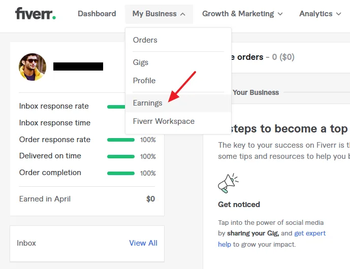 Go to My Business tab from the menu and click on the Earnings.