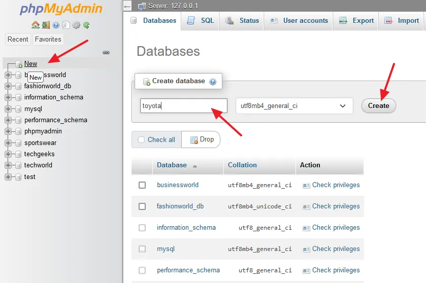 Click on the New, enter the Name of your database. Click on the Create button.