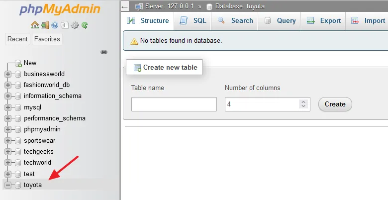the database toyota is created on phpMyAdmin