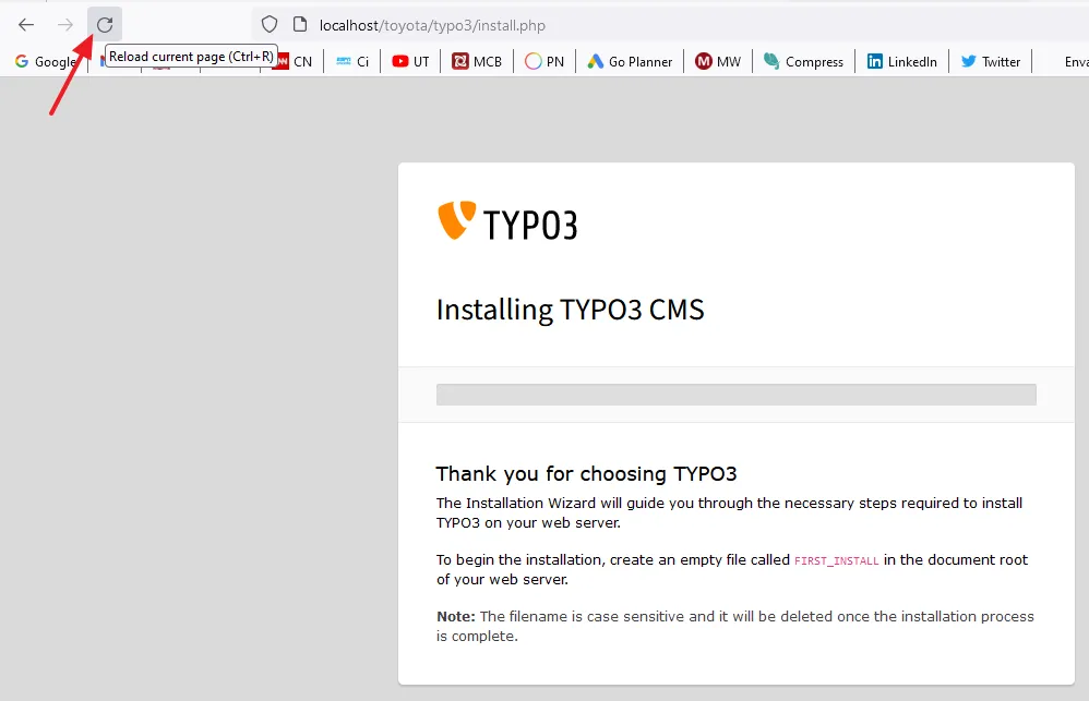 Now go back to Typo3 Installation tab on browser and Reload the page.