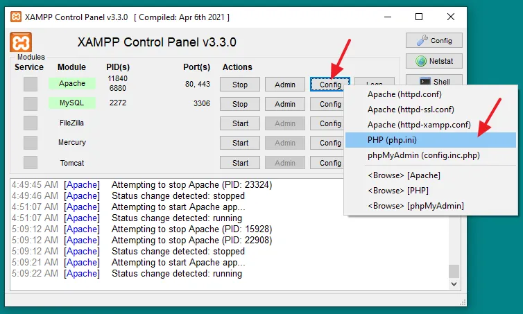 Open the XAMPP Control Panel. Click on the Config button of Apache Module. Click on the PHP (php.ini) to open it.