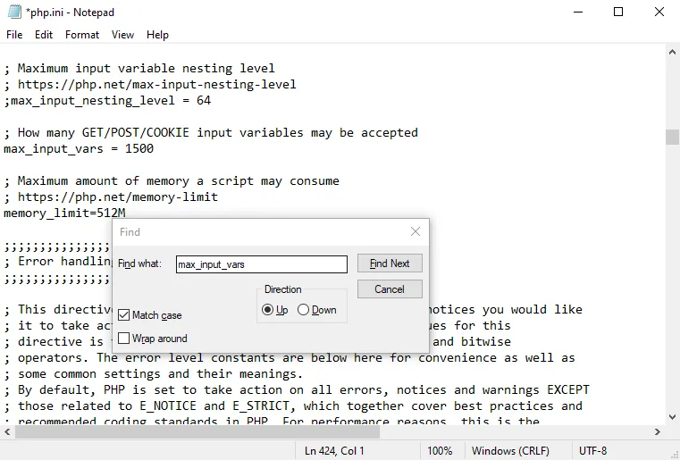 Find max_input_vars and change it s value to 1500 like this: memory_limit=512M.