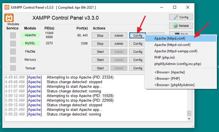 Now go to XAMPP Control Panel and click on the Config button of Apache Module. Click on the Apache (httpd.conf).