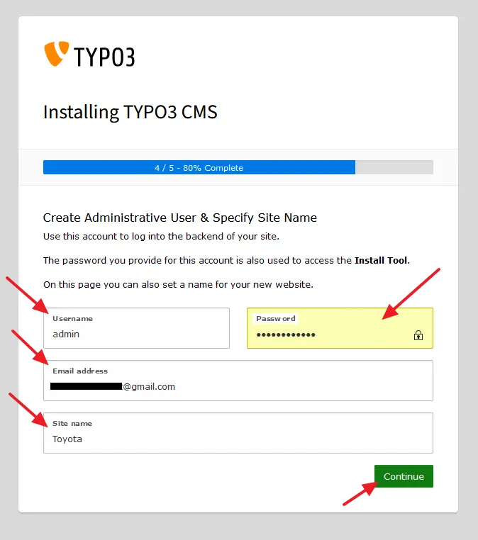 Create administrative user & specify site name.