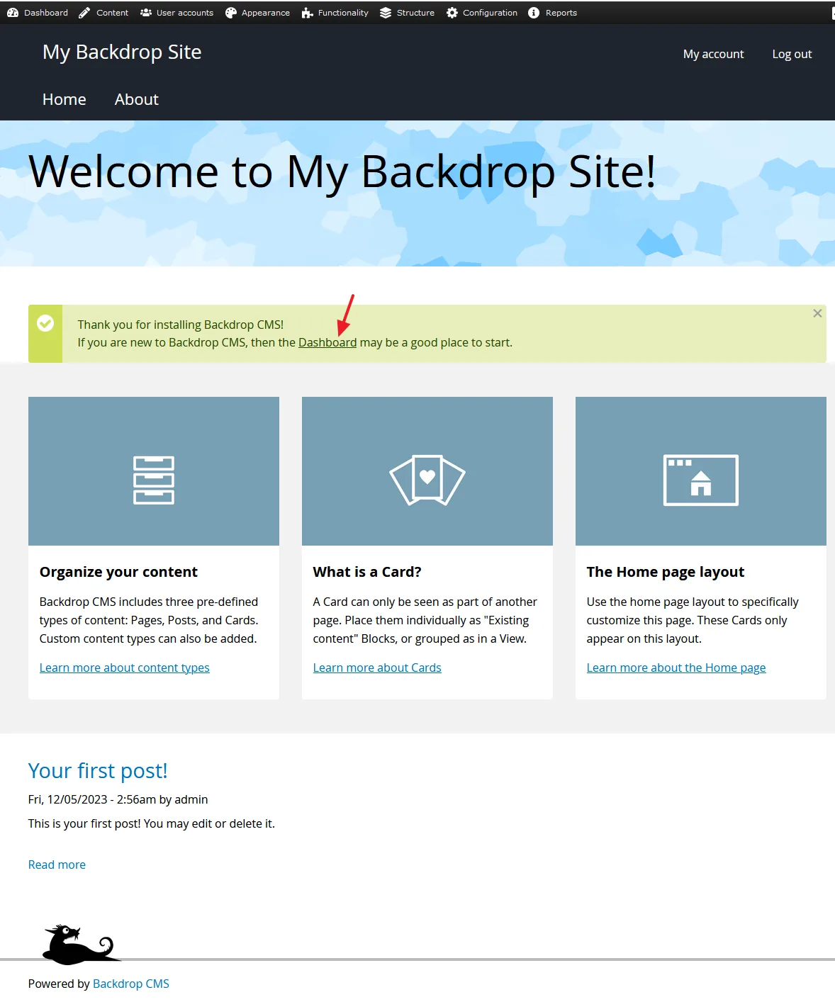 Homepage (front-end) of your Dropback CMS site