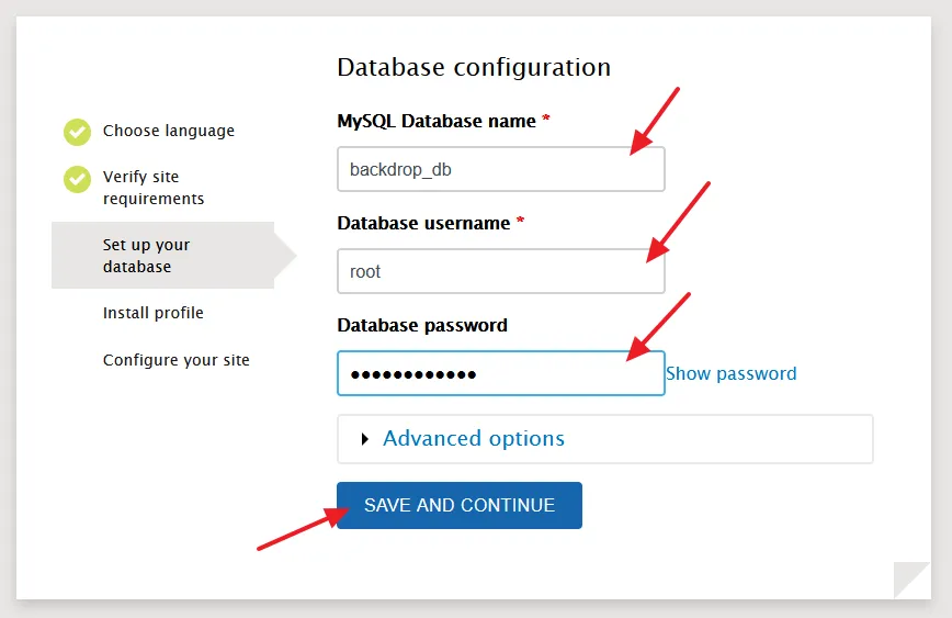 Enter your database name, username and password. Click on the Save & Continue button.