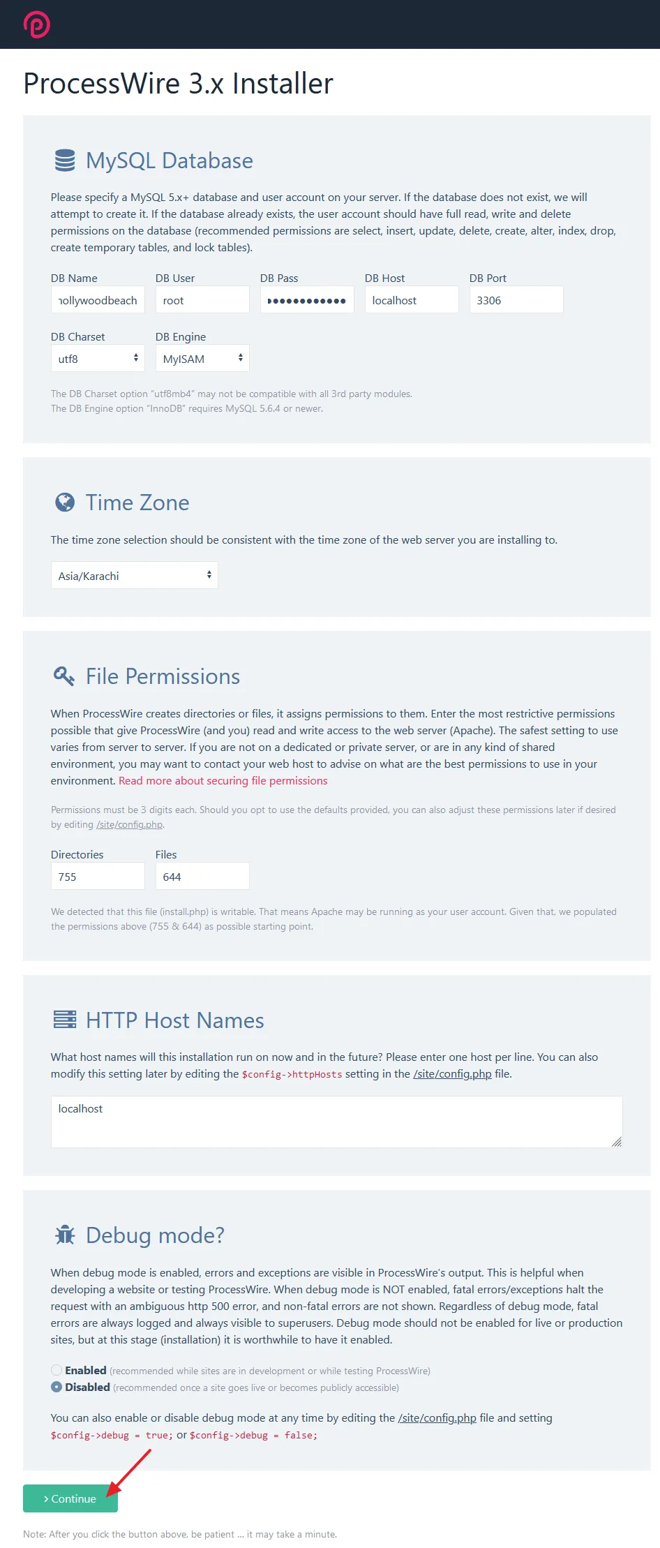 Enter Database details, Select Time Zone, Add File Permissions, Enable Debug mode. Click on the Continue button.