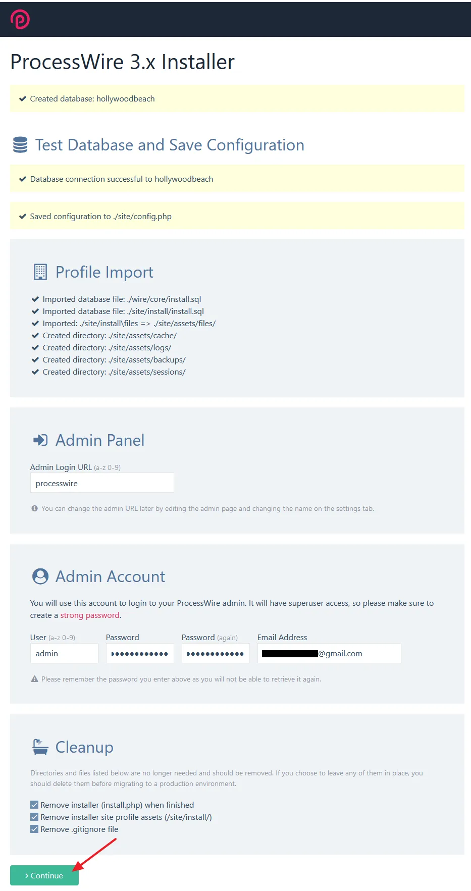 Enter your ProcessWire Admin Account details and click on the Continue button.