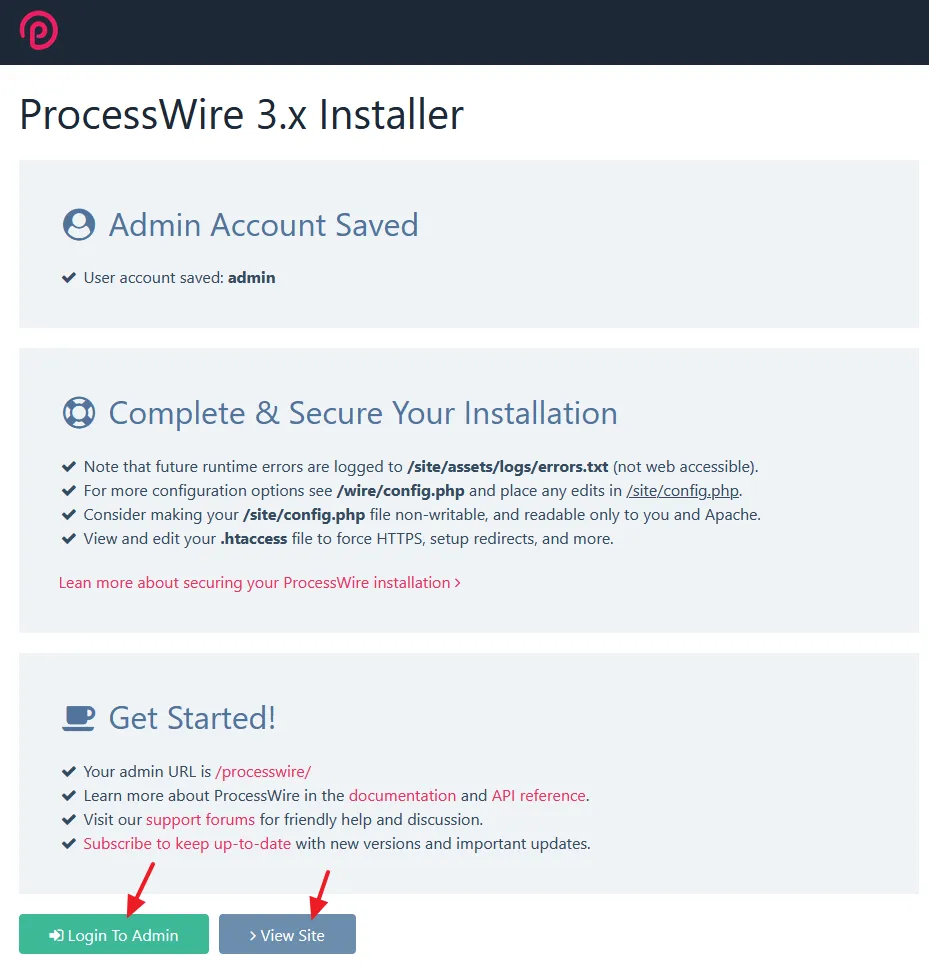 The ProcessWire installation on XAMPP is completed.