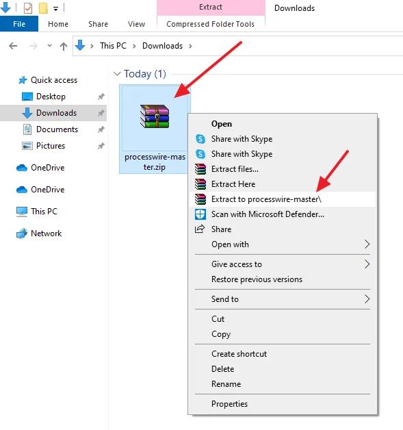 Right-click on the ZIP File of ProcessWire and click on the Extract to processwire-master\.