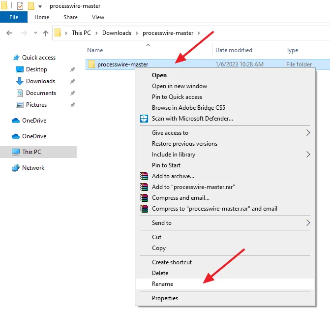 There will be another folder with the same name processwire-master. Right-click on it and click on the Rename.
