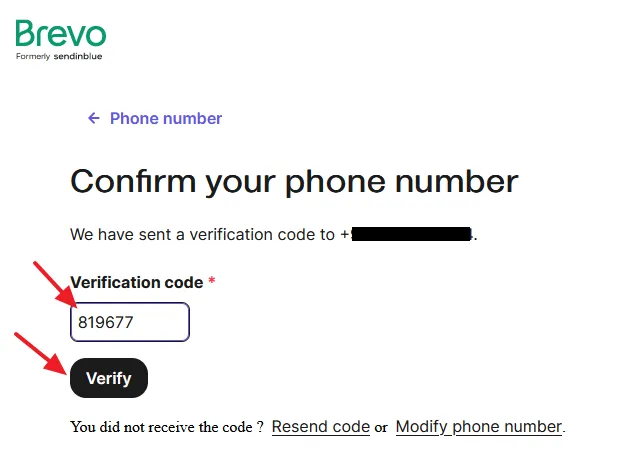 In the Verification code enter the code that Brevo has sent to you via SMS. Click on the Verify button.