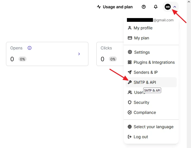 Click on your Brevo Profile icon. Click on the SMTP & API.