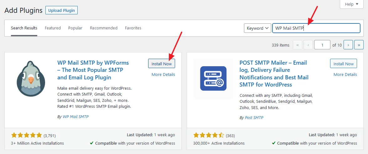 In the plugin Search Bar, type WP Mail SMTP. Click on its Install Now button.