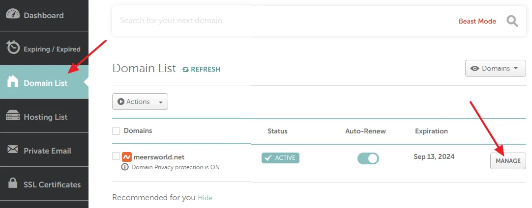 Go to Domain List from the sidebar. Click on the MANAGE button associated with your domain.