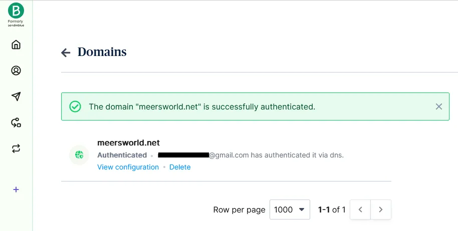 The domain meersworld.net is successfully verified and authenticated via DNS TXT Records. 