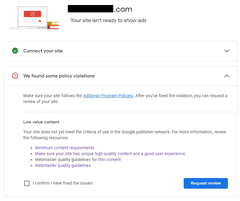 After you fix the violation you can request a review of your site by clicking on the Request review button.