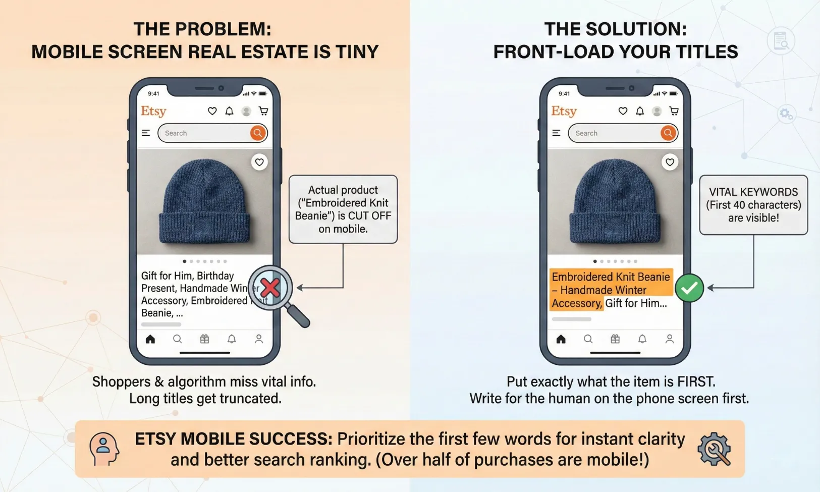 Shoppers (and the algorithm) prioritize the first few words of your title.