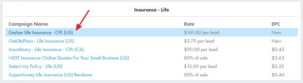 Go to MaxBounty Campaigns page. Scroll-down to Insurance - Life section and click on the Gerber Life Insurance. 