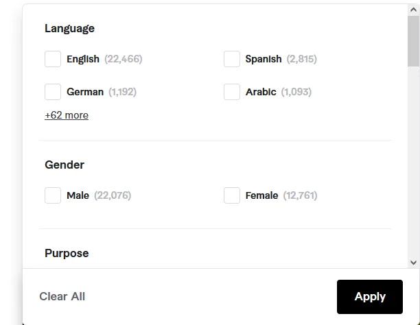 Select the Language of voice over artist. There are 62+ languages. Choose the Gender of voice over artist.