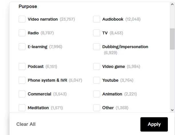 Choose the Purpose of voice over artist. Purpose means type of service. There are 10+ voice over services such as Video Narration, Radio, TV, Phone System and IVR