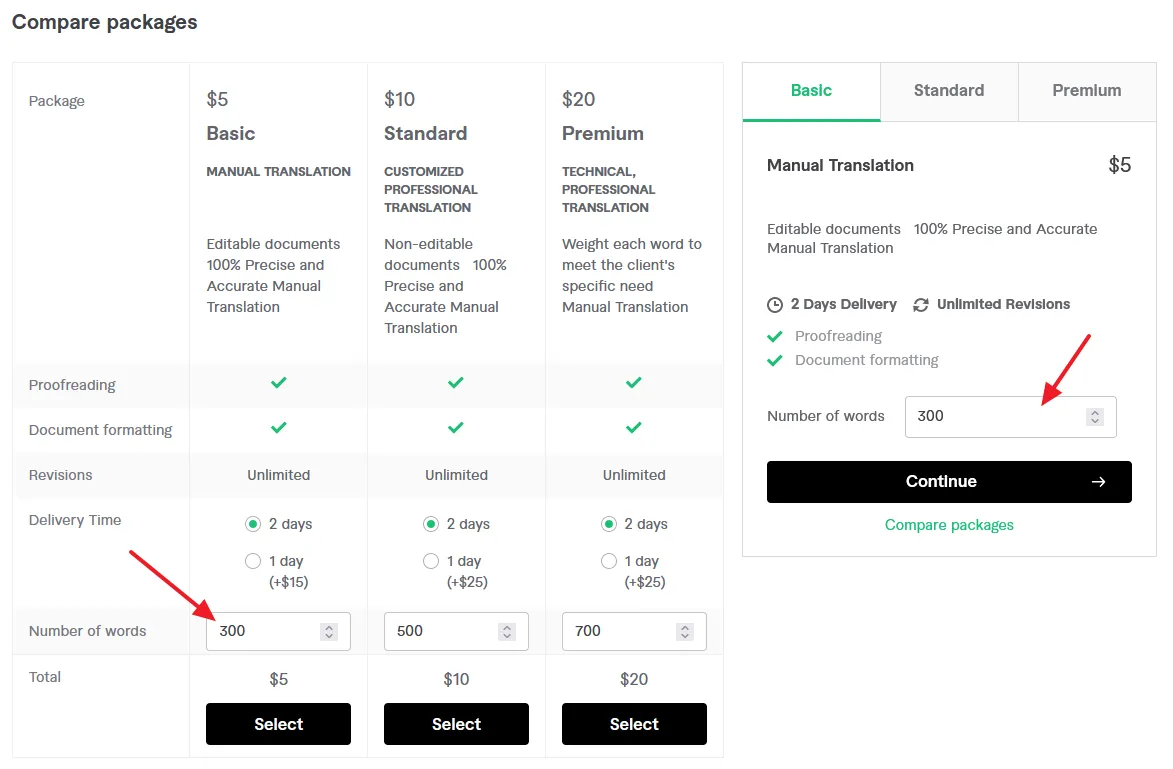 Every translators offers 3 services i.e. Basic, Standard & Premium. Each service cost is different. Translators rates are based on Cost Per Words of translation.