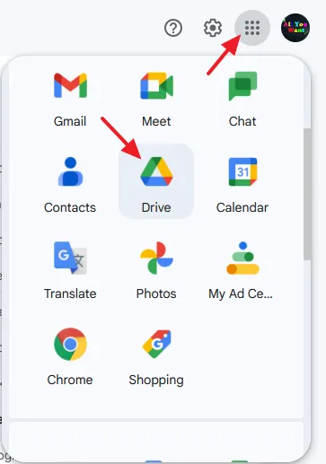 Sign-in to your Gmail Account. Click on the Google apps icon located at top-right corner. Click on the Drive icon.