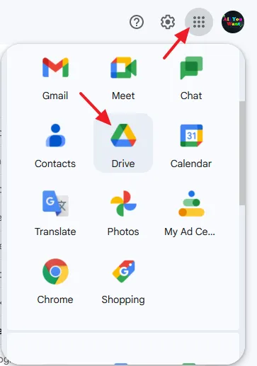 Open Drive Sign-in to your Gmail Account. Click on the Google apps icon located at top-right corner. Click on the Drive icon.