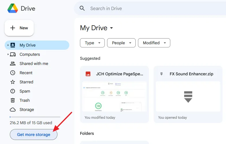You are in the Google Drive now. Click on the Get more storage button located at the bottom of the sidebar.
