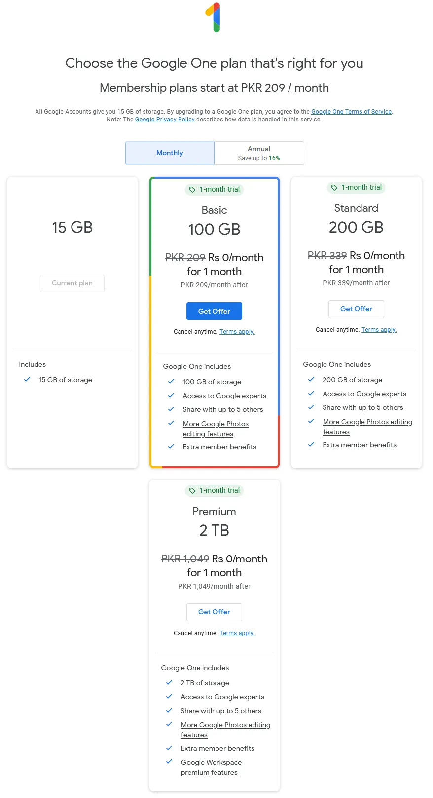 There are 4 storage plans. The First Plan is free whereas other three plans Basic, Standard, and Premium are paid. Click on the Get Offer button of your desired storage plan.