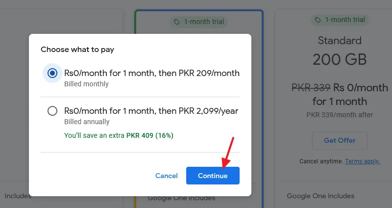 Choose the Billing Cycle i.e. monthly or annually. Annually billing offers you discount as well. Click on the Continue button.