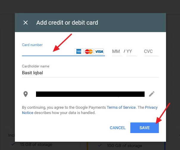 Enter you Card number. It could be either Credit or Debit. Enter the Cardholder name. Enter the Billing Address. Click on the SAVE button.