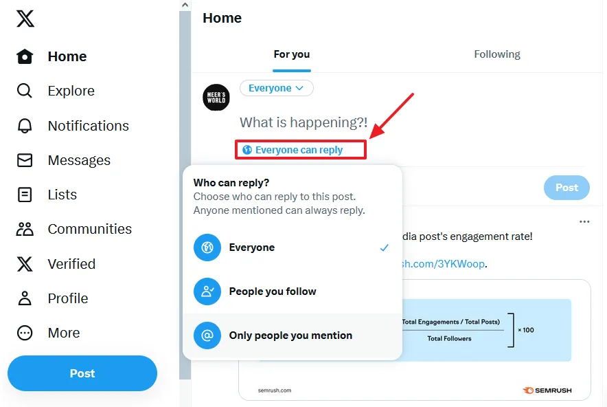 To set the reply permission for a tweet click on the "Everyone can reply" link. You can see three tweet reply options i.e. Everyone, People you follow, only people you mention. Choose the reply option.