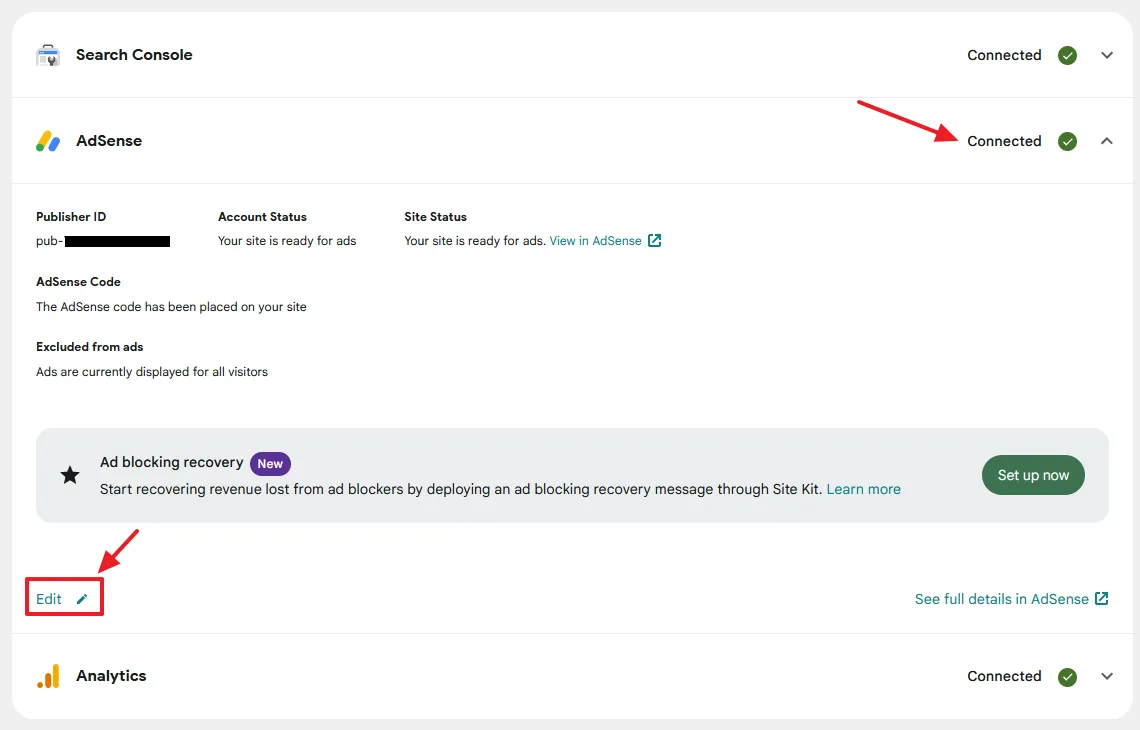 Click on the AdSense to expand the details. Click on the Edit link.