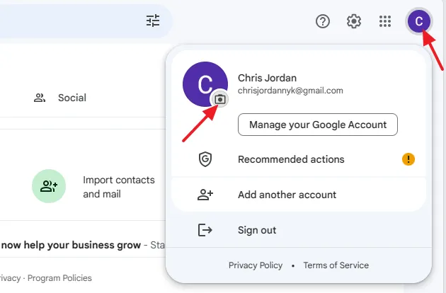 To change/upload the profile picture for your Gmail account click on the account icon. Click on the Camera Icon.