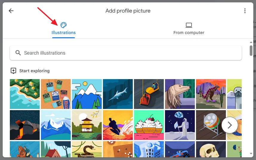 Select the illustration that you want to choose as a Gmail profile picture.