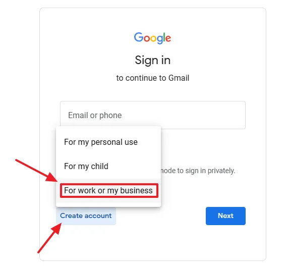 Click on the Create account button. It shows three options i.e. For my personal use, For my child, and For work or my business. Click on the For Work or my business.