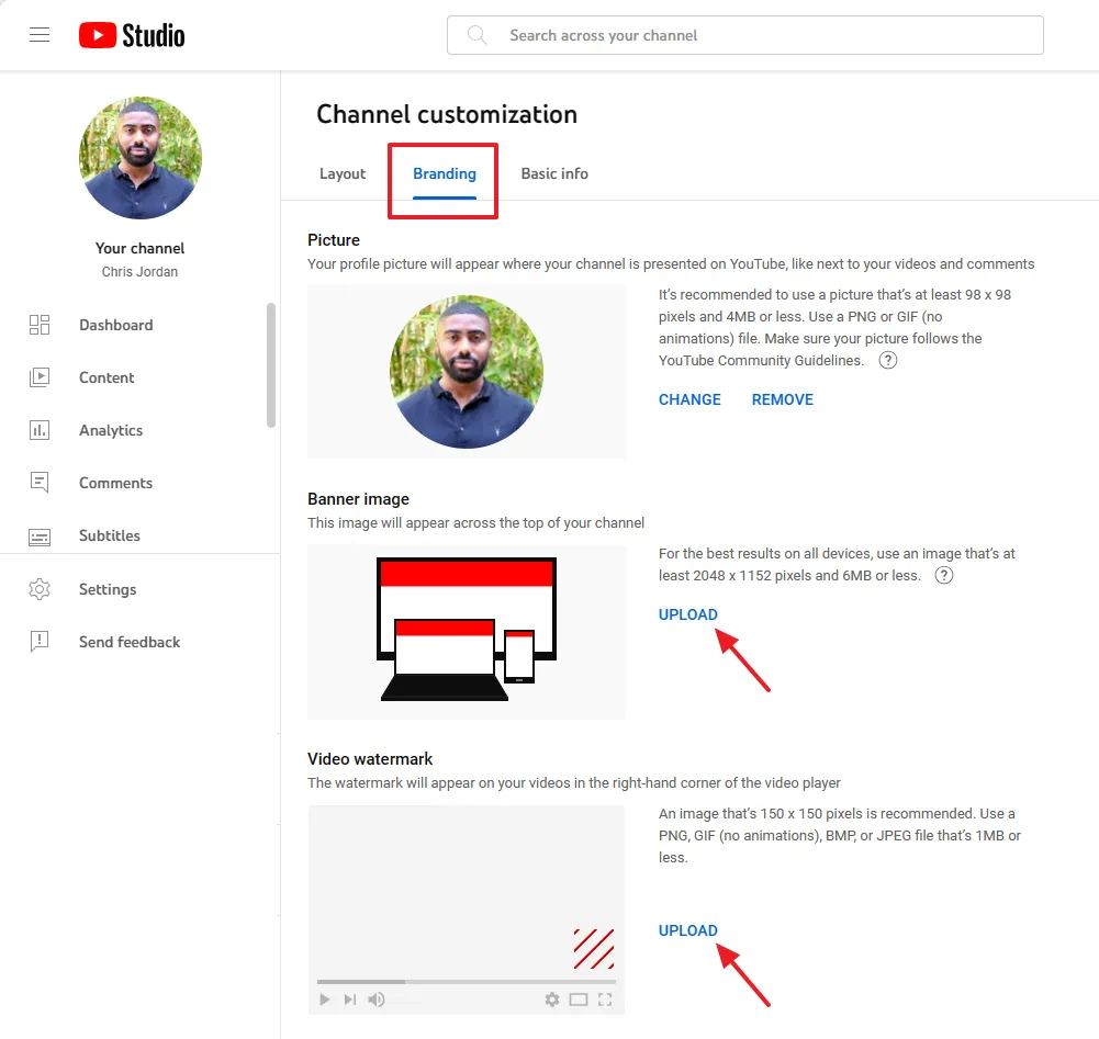 Click on the Branding tab to change/update YouTube channel picture, upload Banner image and Video watermark.