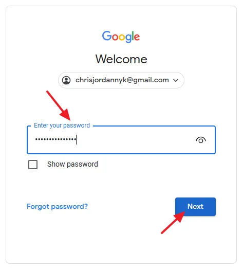Enter the Password of your Gmail account. Click on the Next button.