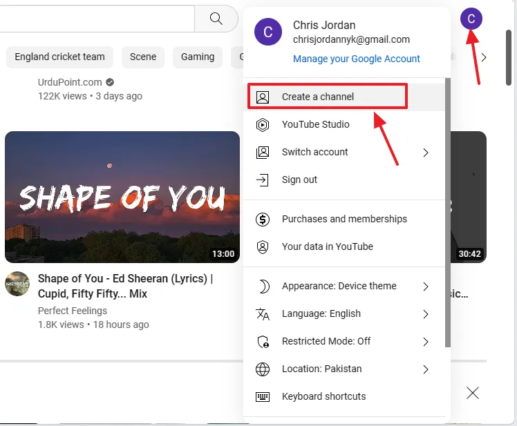 Click on your your Gmail Account icon/thumbnail located at top-right corner. Click on Create a channel.
