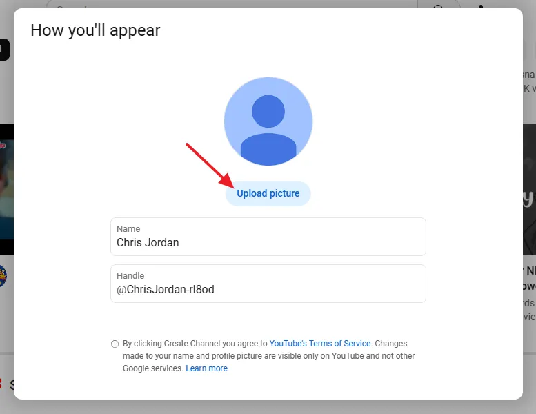 Click on the Upload picture button to upload the profile photo of your YouTube channel.
