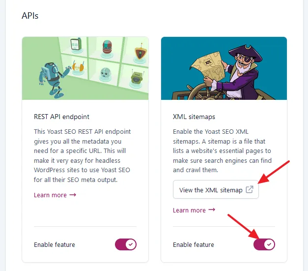 Scroll down to APIs section. Turn on Enable feature. It will generate the XML sitemap for your WordPress website. Click on the View the XML sitemap to open the list of XML sitemaps of your site.