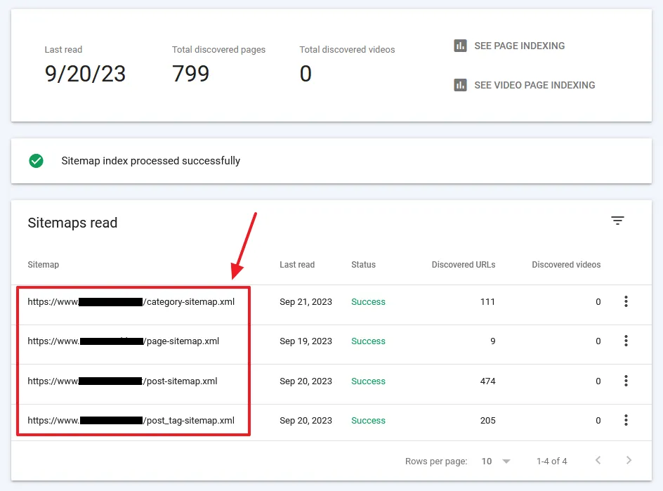 All the four XML sitemaps of your website are automatically submitted with the main URL. SEE PAGE INDEXING shows you which URLs of your website are indexed on Google and which are not.