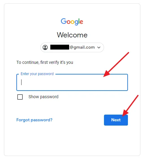 It will redirect you to Gmail Sign-In page. Enter your Password. Click on the Next button.