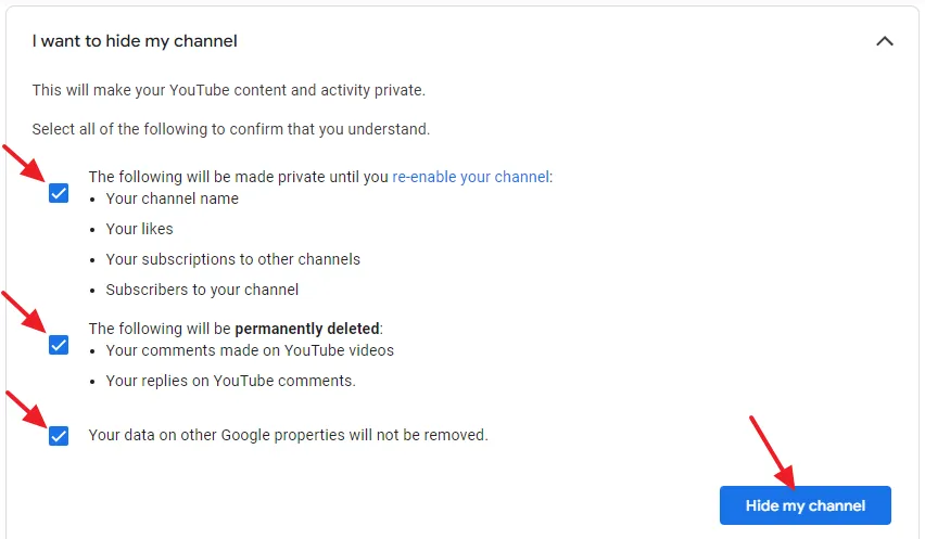 Check all the points to confirm that you understand and click on the Hide my channel button.
