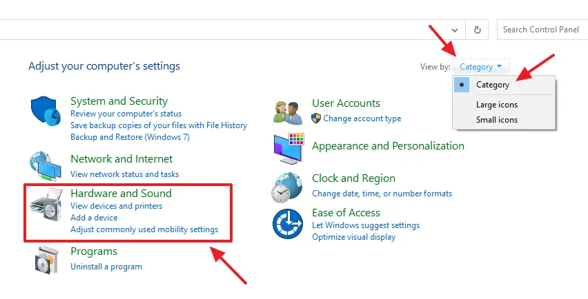 First of all go to View by and select the Category option from the list. Click on the Hardware and Sound.