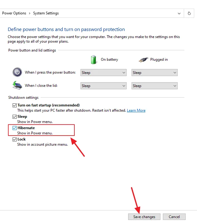 Under the Shutdown settings, check (tick) the Hibernation option. Click on the Save changes button.